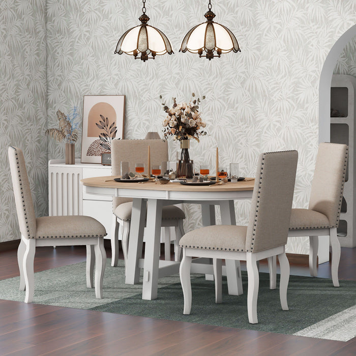 Round Extendable Dining Table Set With 4 Upholstered Chairs