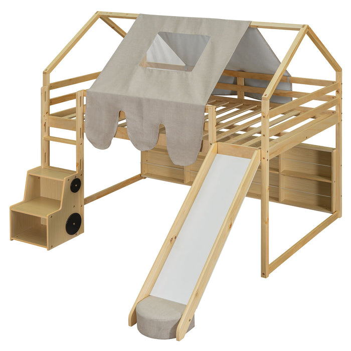 Loft Bed With House Shaped Frame And Tent