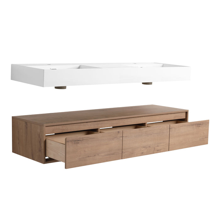 Contemporary Wall Mounted Bathroom Vanity With Dual Resin Sink And Soft Close Drawer