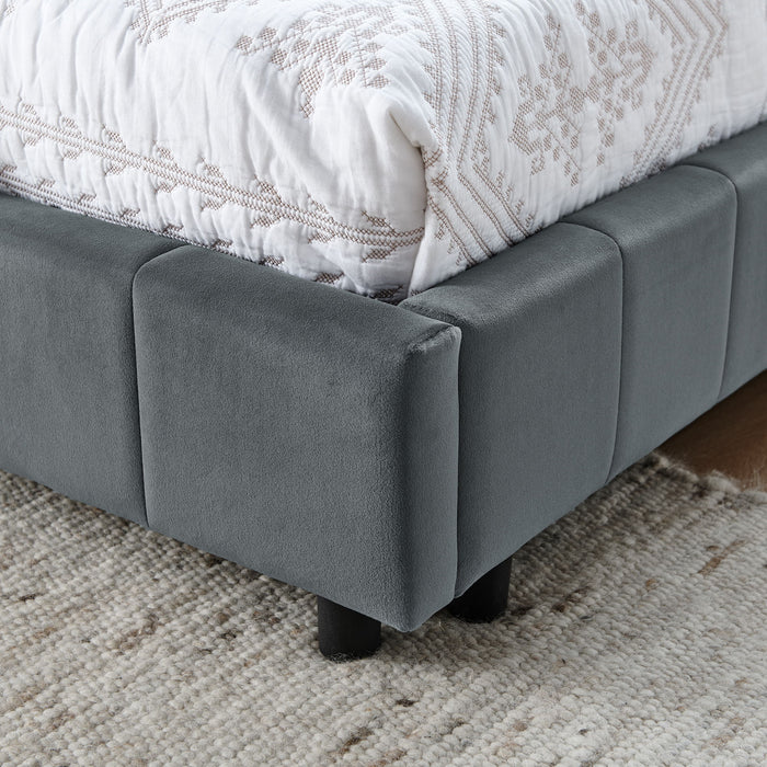 Mid-Century Storage Upholstered Tufted Bed Frame With Backrest And Armrests
