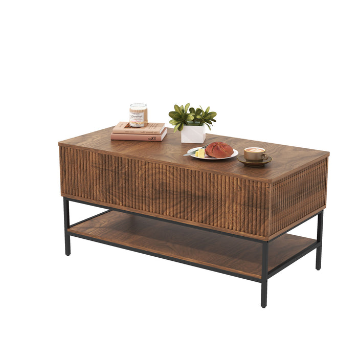Rectangle Lift Top Coffee Table With Hidden Storage And Lower Shelf - Brown