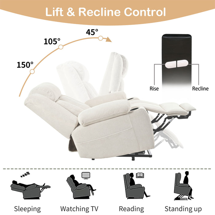 Power Lift Recliner Chair With Extended Footrest, Remote Control, Cup Holders, And Side Pockets