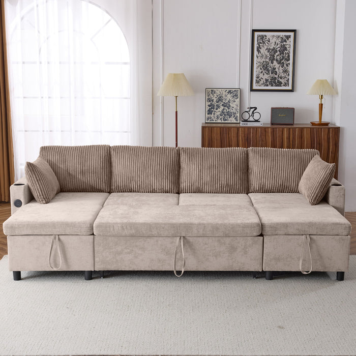 Sectional Sofa Bed With Pull Out Sleeper, USB Ports, Cup Holders