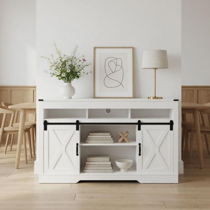 Farmhouse TV Stand With Sliding Barn Doors & Adjustable Storage