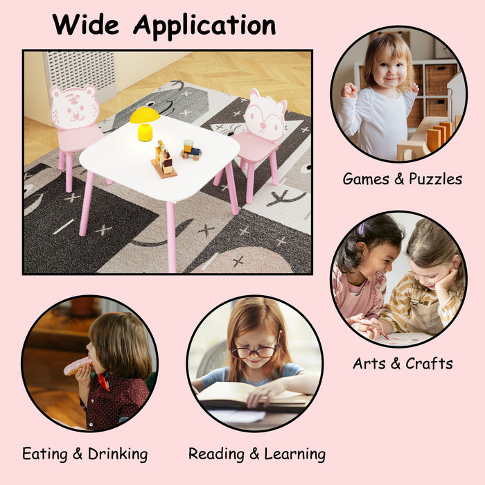 Table And Chair Set, 3 Piece Wooden Toddler Desk With Animal Backrest - Pink / White
