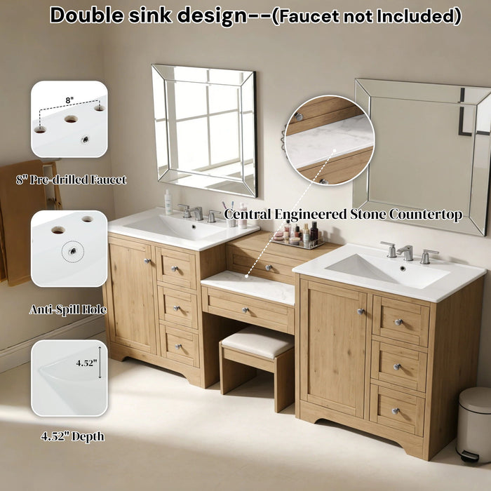 Double Sink Bathroom Vanity With Countertop, 2 Ceramic Sinks, 6 Drawers, Soft Close Design