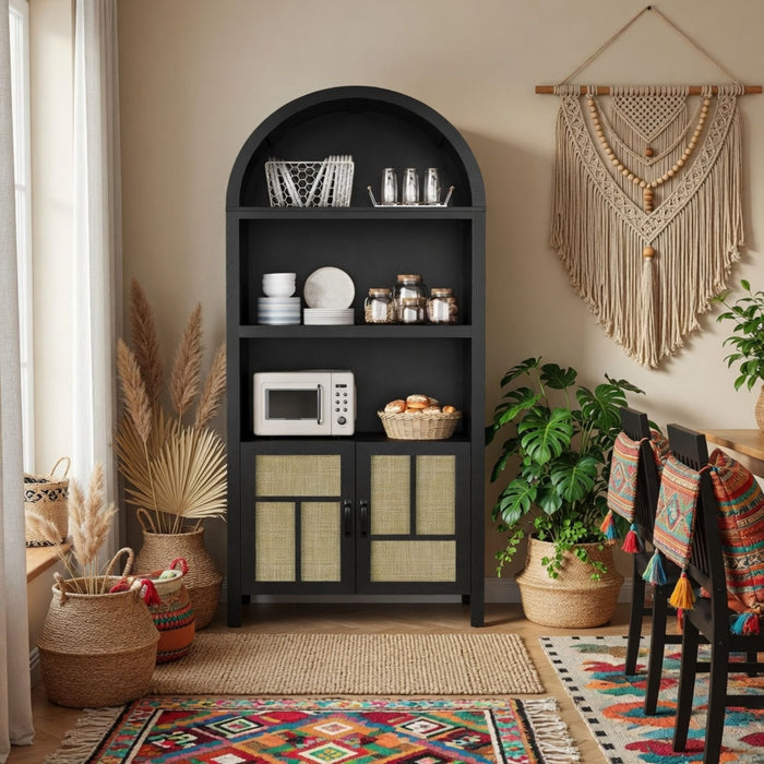 Arched Pantry Cabinet With Adjustable Storage & Doors - Black