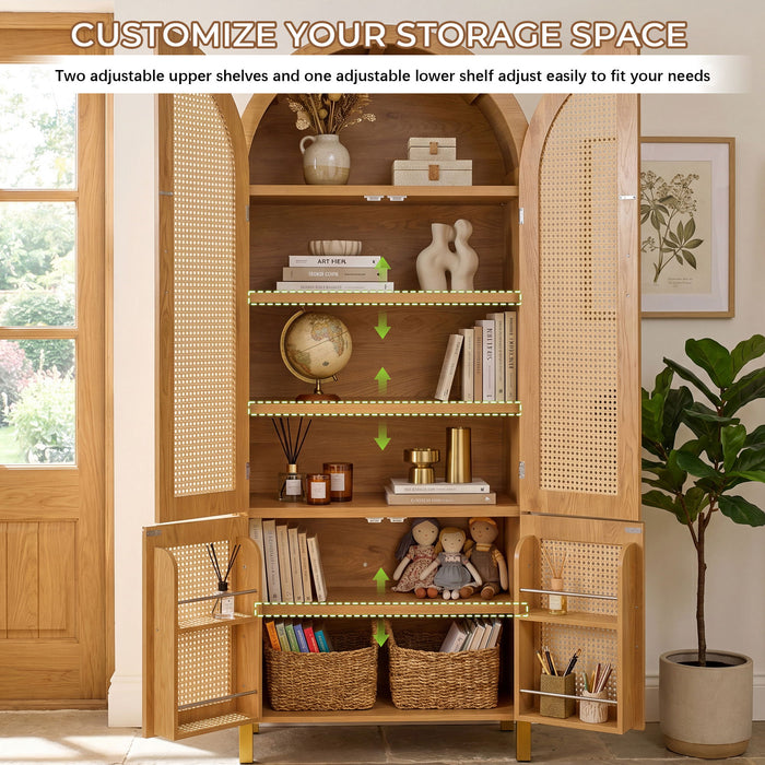 Tall Arched Cabinet With Rattan Doors & Adjustable Shelves