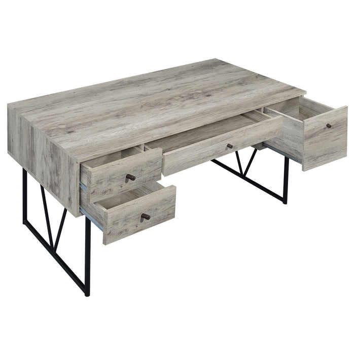 Rustic Industrial Charm Writing Desk With 4 Drawers And Open Shelf