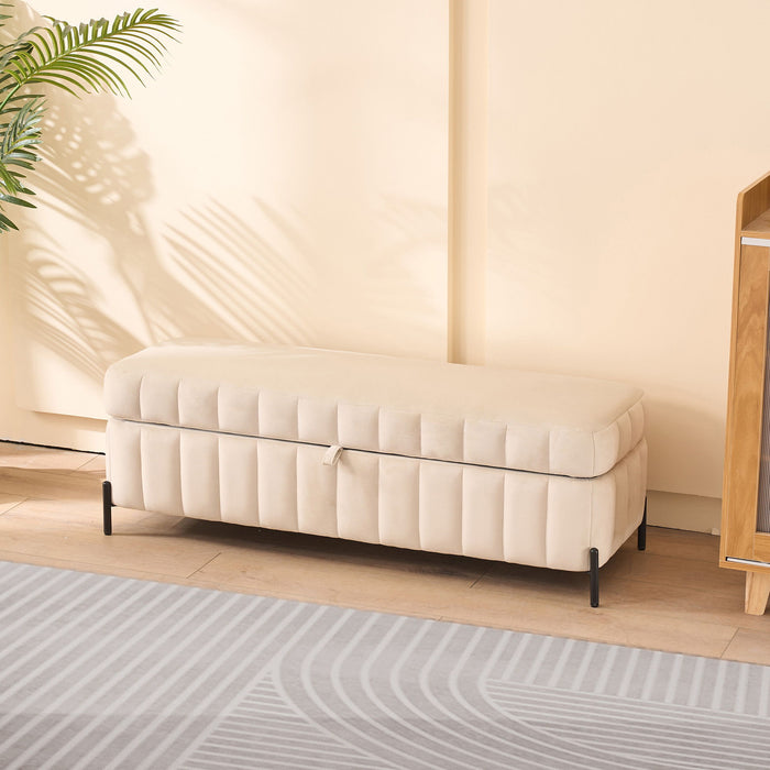 Wide Upholstered Velvet Storage Soft Bench Ottoman With Metal Legs