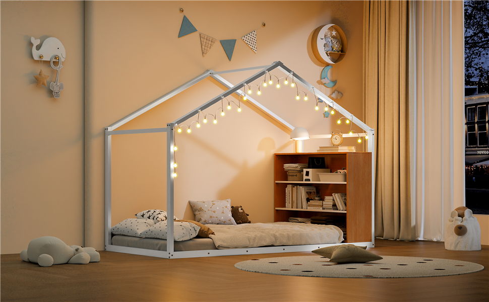 Bed House Frame With Shelves And Lights