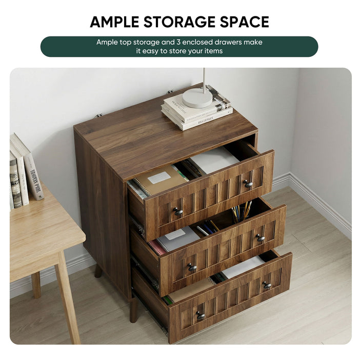 3 Drawer Dresser, Storage Cabinet With Vertical Grooves For Bedroom - Walnut