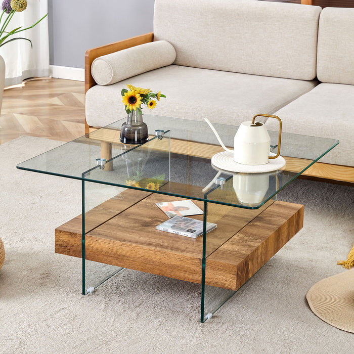 Modern 2 Tier Square Coffee Table, Elegant Marble Pattern