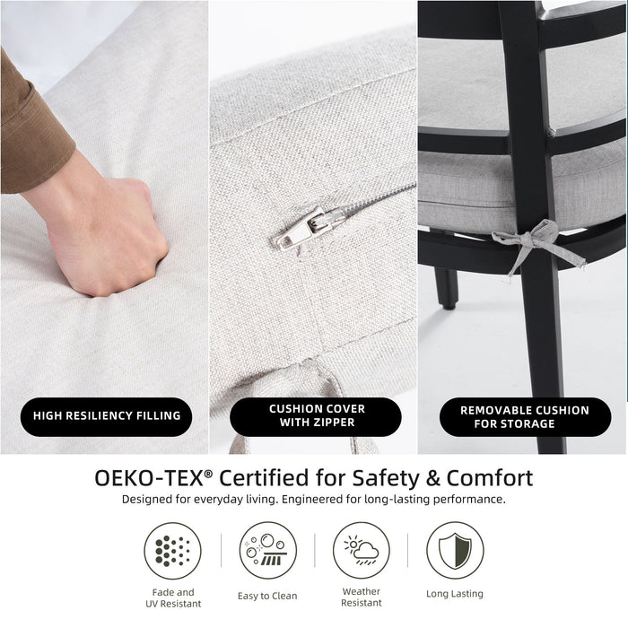 Outdoor Patio Dining Set, Squircle Dining Table, Dining Chairs With Sunbrella Cushions