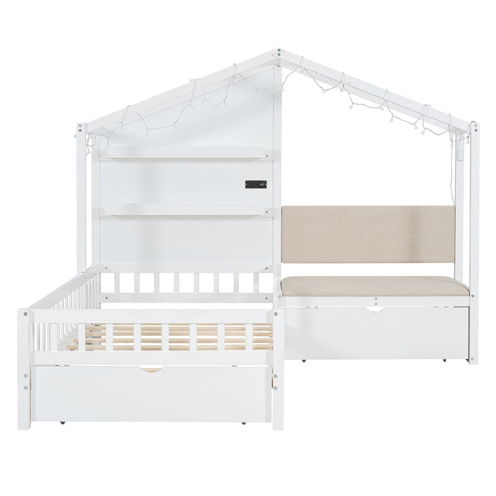 House Bed With Upholstered Sofa, Wireless Charging Station, Shelves And 2 Drawers