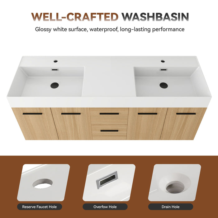 Floating Double Sink Bathroom Vanity Set With Tall Linen Cabinet, Drawers And Doors, Extra Large Storage, Integrated Sink, Soft Close Hardware - Glossy White / Light Oak