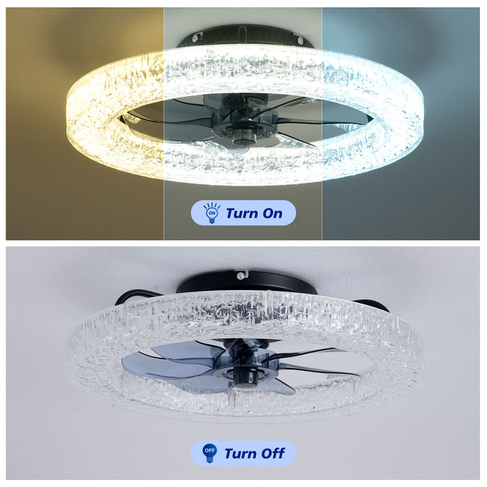 LED Light Source And Remote Control, 3000 - 6500K Dimmable Flush Mount LED Fan Light, 6 Speeds, Quiet DC Motor For Living Room - Matte Black