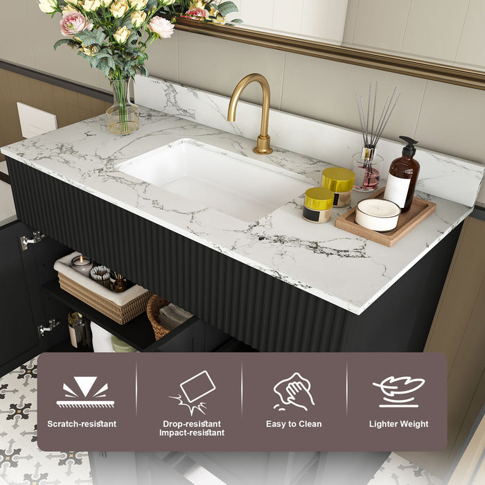Bathroom Vanity Set, Fluted Cabinet, Soft Close Doors With Drawers, Single Faucet Hole, Sink Included - Black