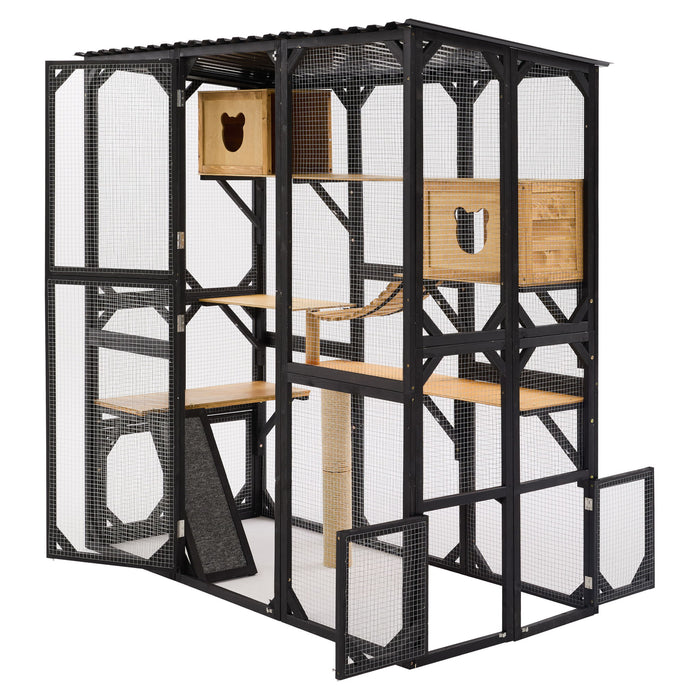 Outdoor Cat Enclosure With Sleeping Houses, Jumping Platforms, Scratching Post
