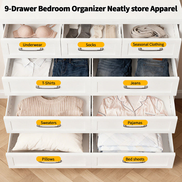 9-Drawer Tall Dresser With Smooth Gliding Drawers - White