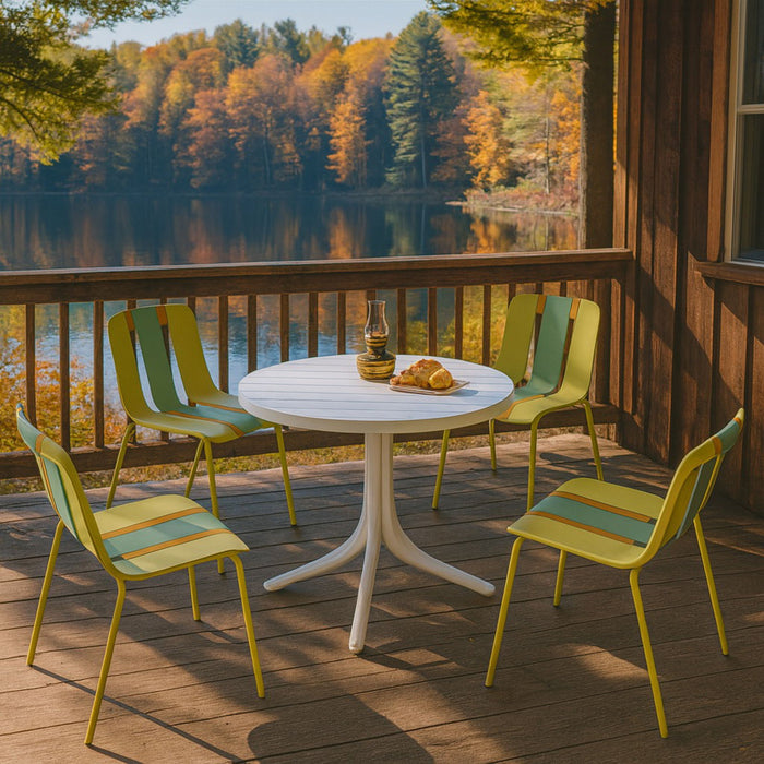 4 Piece Set Of Color Block Designed Single Chairs With Round Table - Grain Yellow / Haze Green / Tropical Orange / White