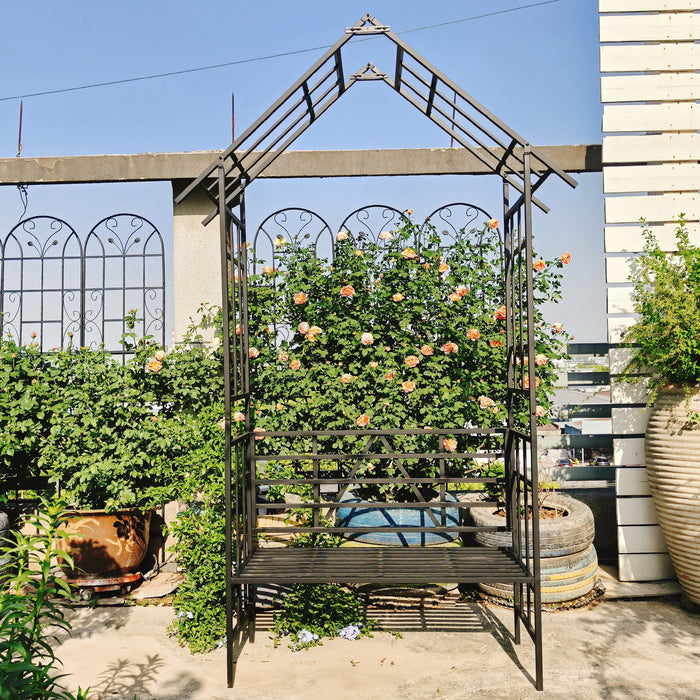 Garden Arch With Bench Turned Into Flower Stand Climbing Plants Support Outdoor - Black
