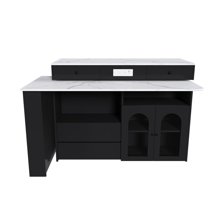 Kitchen Island With Extendable Rotating Table, 4 Drawers & Glass Door Cabinets, Built In Socket - Black