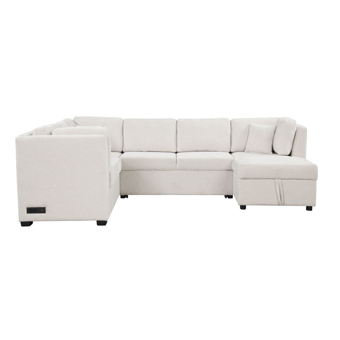 U-Shaped Sectional Sofa Pull Out Sofa Bed With Two USB Ports, Two Power Sockets, Three Back Pillows And A Storage Chaise For Living Room