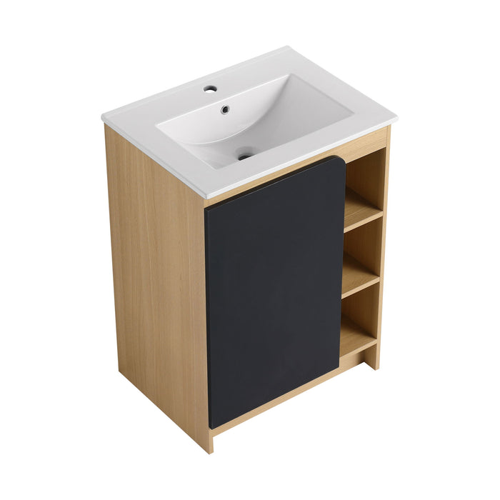 Freestanding Bathroom Vanity With Thin Rim Sink, Single Door With 4 Tier Open Shelves - Light Oak / White