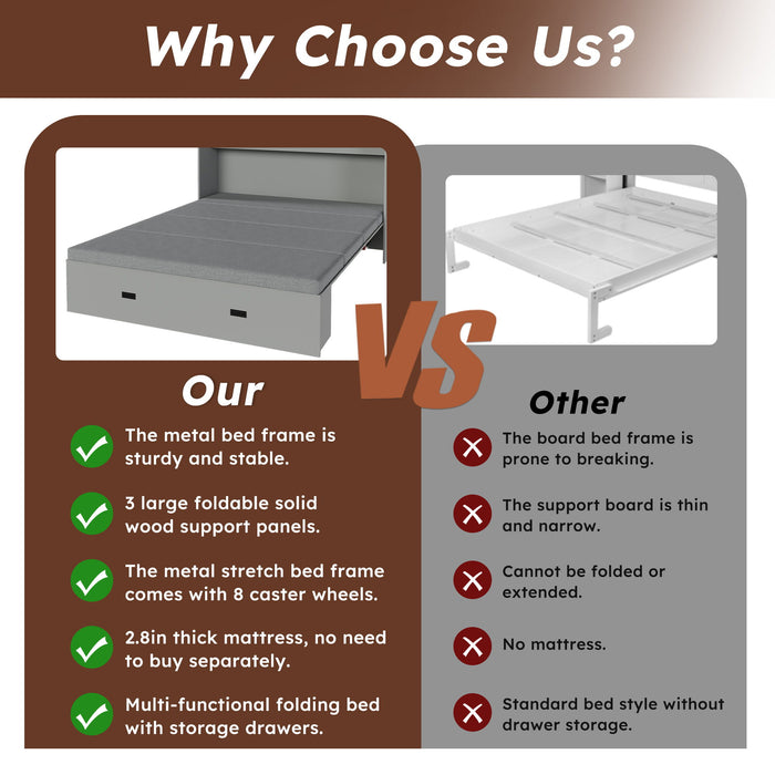 Murphy Bed With Storage Drawers And Charging Cabinet, Foldable Panels, Swivel Wheels