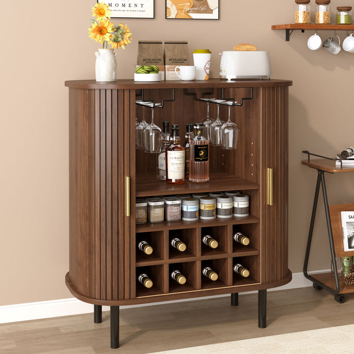 Fluted Wine Bar Cabinet With 8 Grid Wine Rack, 5 Level Adjustable Shelves, 2 Glass Holders