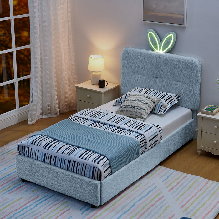 Upholstered Bed With Oversized Rabbit Ear Headboard, LED Lights & 4 Storage Drawers