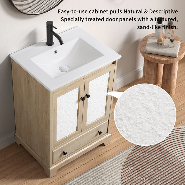 Bathroom Vanity Base, Cabinet With Carved Floral Doors - Natural Wood
