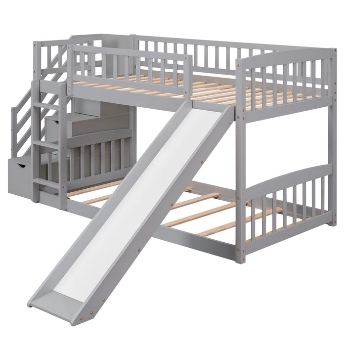 Twin Over Twin Bunk Stairway Bed With 2 Drawers And Slide - Gray