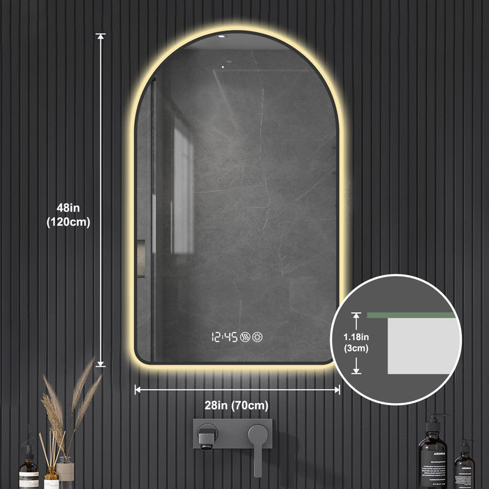 Modern Arched LED Bathroom Mirror With Time And Temperature Display, Anti Fog, Dimmable Light - Black