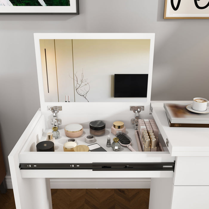 Folding Desk With Mirror And Storage Stool For Bedroom Or Apartment - White