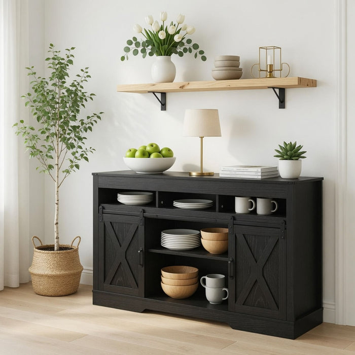Farmhouse TV Stand With Sliding Barn Doors & Adjustable Storage