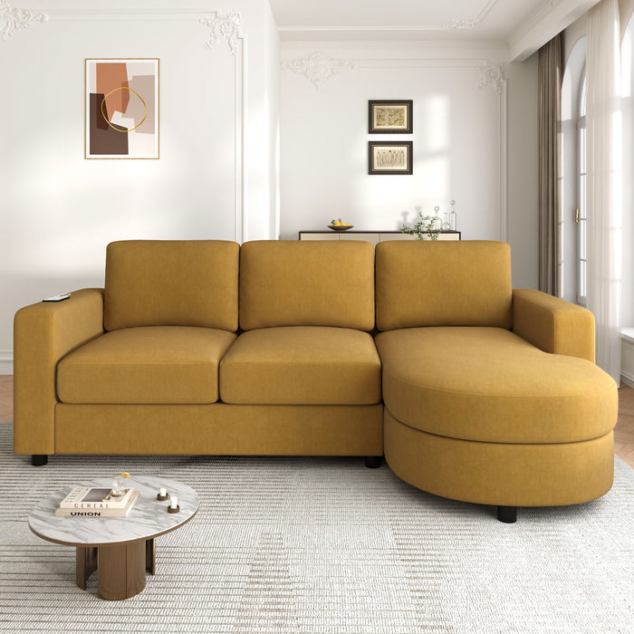 Modern L-Shaped Sectional Sofa With Curved Chaise, USB Ports, And Side Storage Pockets