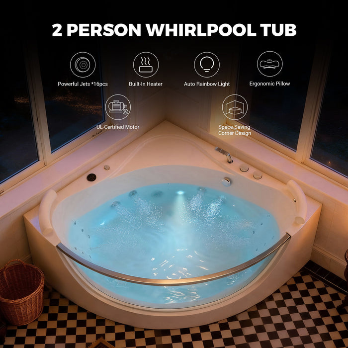 Korra - 2 Person Acrylic Corner Whirlpool Bathtub With Hydro Massage, Rainbow Light, Heater - Milk White
