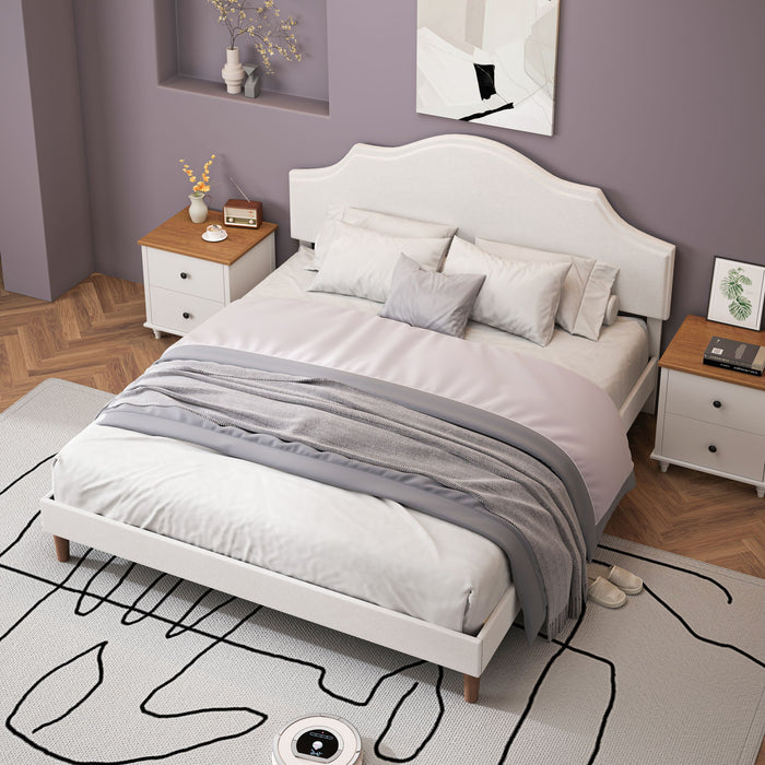 King Size, Upholstered Platform Bed Frame With Adjustable Headboard, No Box Spring Needed - White