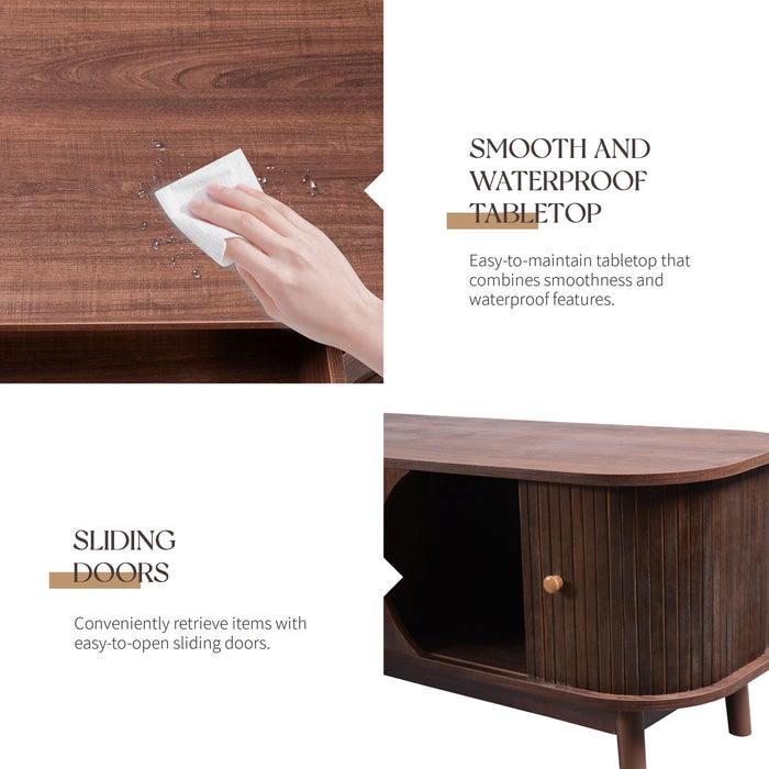 TV Stand For TVs Up To 75'', Cabinet With Drawers And Sliding Doors, Living Room Entertainment Console - Natural Wood / Brown