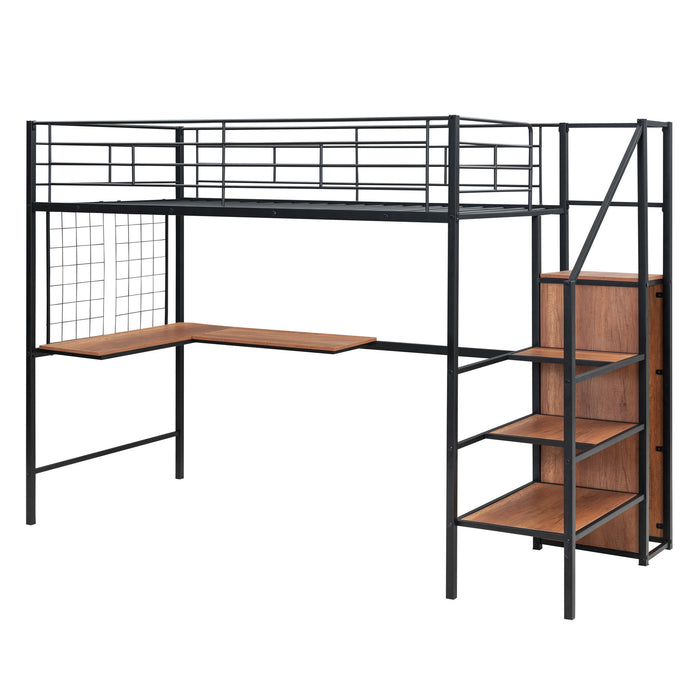Loft Bed With Desk And Grid, Stylish Frame With Lateral Storage Ladder And Wardrobe