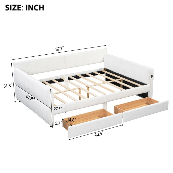 Queen Upholstered Platform Bed With USB Charging And 2 Storage Drawers - White