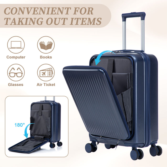Luggage Set With Cosmetic Case, Combination Lock, Front Opening Design