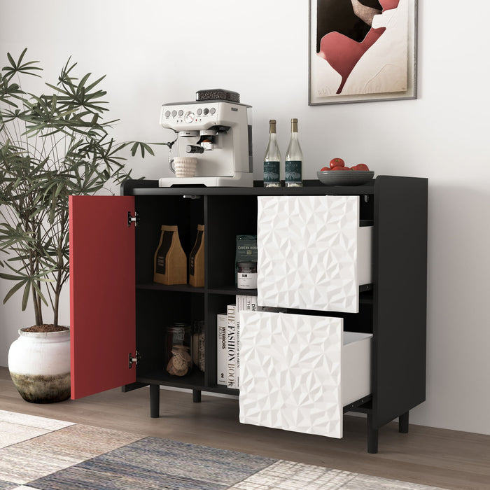 Modern Sideboard Buffet Cabinet With Red Doors And Unique Panel Styling