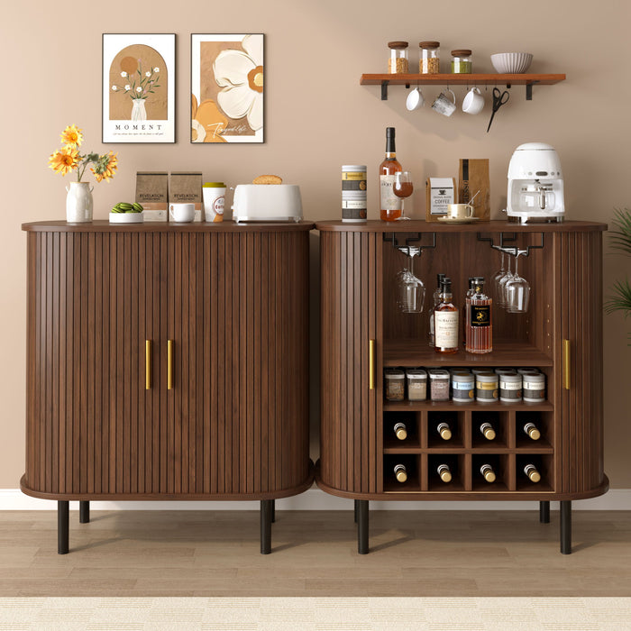 Fluted Wine Bar Cabinet With 8 Grid Wine Rack, 5 Level Adjustable Shelves, 2 Glass Holders