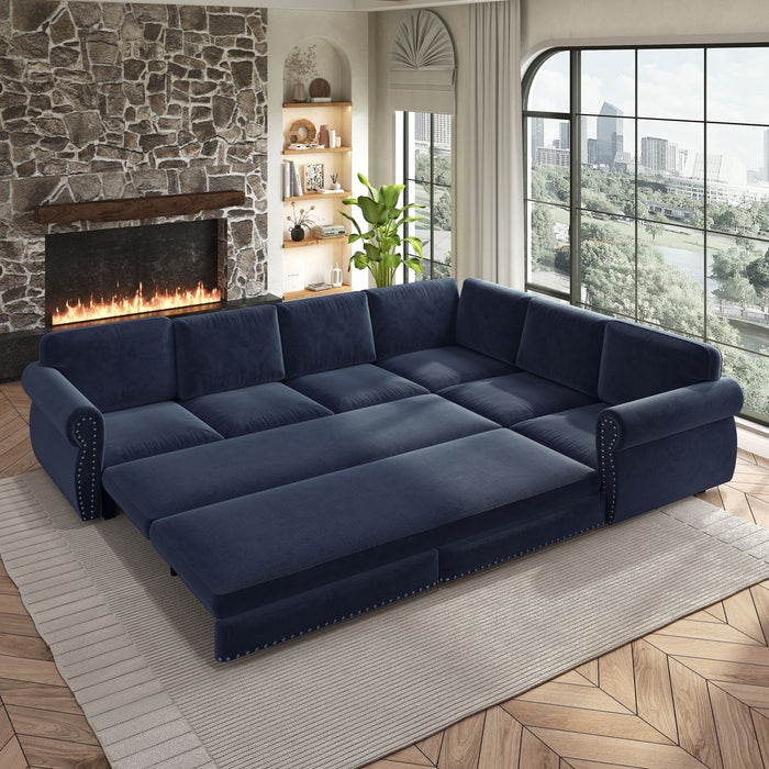 L-Shaped Sofa Couch With Pull Out Bed With Nailhead Trim & Rolled Arm