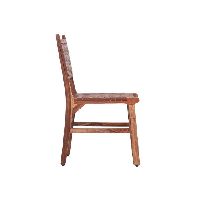 Rustic Wooden Dining Chair (Set of 2) With Genuine Leather Woven Upholstery - Brown