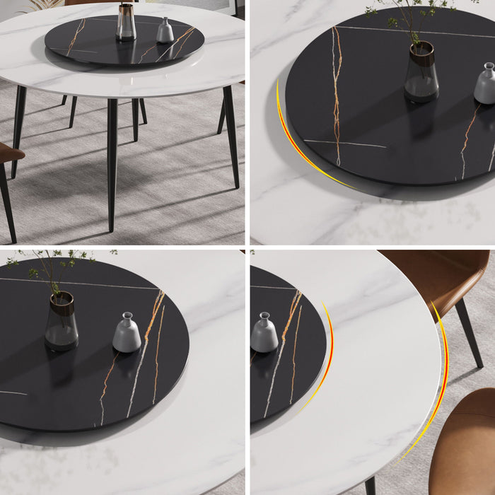 59.05" Modern Artificial Stone Round Metal Dining Table, Can Accommodate 6 People, Artificial Stone Turntable - Black / White