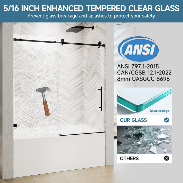 Frameless Single Sliding Shower Door With Soft Close, 5 / 16" Clear Nano Coated Tempered Glass, 60" X 60" - Matte Black